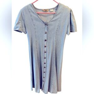 Vintage Light Blue Denim Short Sleeve Brass Button Midi Dress by Northwest Blue.